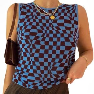 Blue & Brown Wavy Checkered Print Knit Tank Top (Paloma Wool Enya Top)